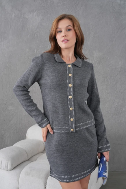 Kadın Bisiklet Yaka Düğme Kapama Desenli Ceket Etek İkili Triko Takım 12308