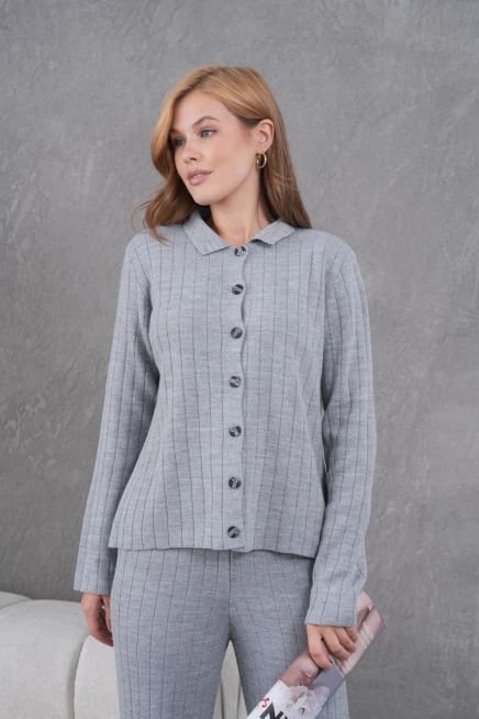 Kadın Gömlek Yaka Düğme Kapama Desenli Ceket Pantolon İkili Triko Takım