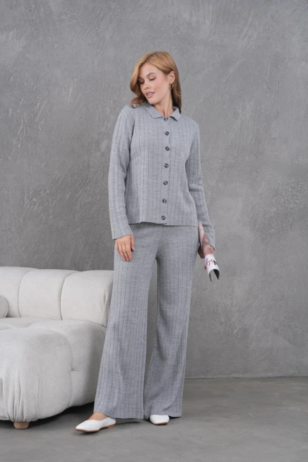 Kadın Gömlek Yaka Düğme Kapama Desenli Ceket Pantolon İkili Triko Takım