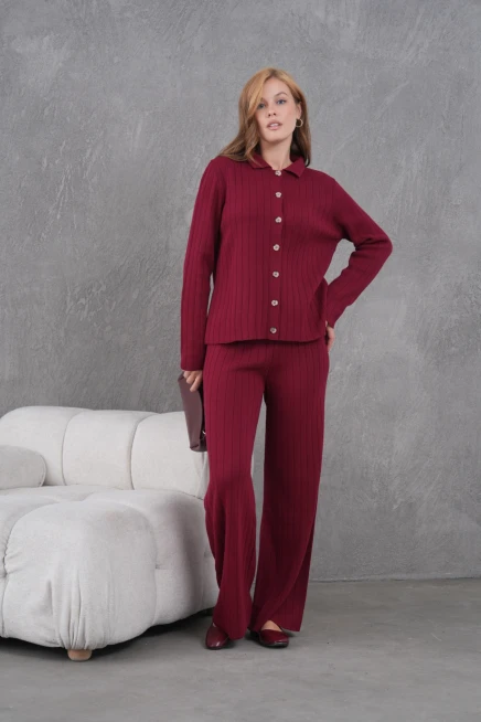 Kadın Gömlek Yaka Düğme Kapama Desenli Ceket Pantolon İkili Triko Takım