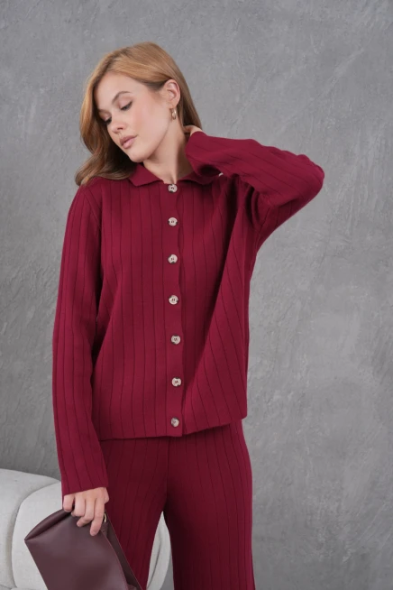 Kadın Gömlek Yaka Düğme Kapama Desenli Ceket Pantolon İkili Triko Takım