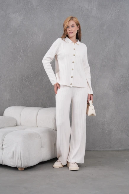 Kadın Gömlek Yaka Düğme Kapama Desenli Ceket Pantolon İkili Triko Takım