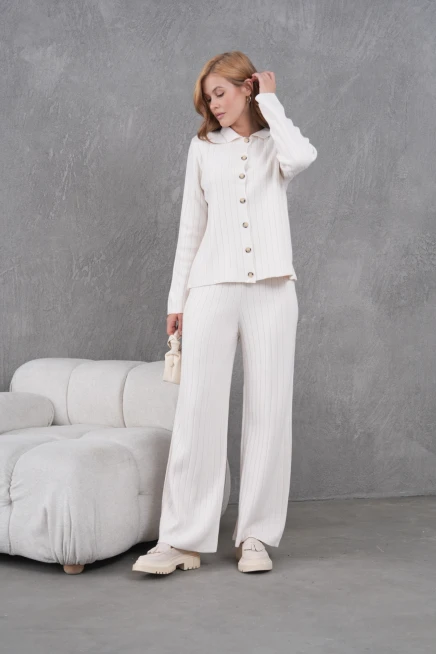 Kadın Gömlek Yaka Düğme Kapama Desenli Ceket Pantolon İkili Triko Takım