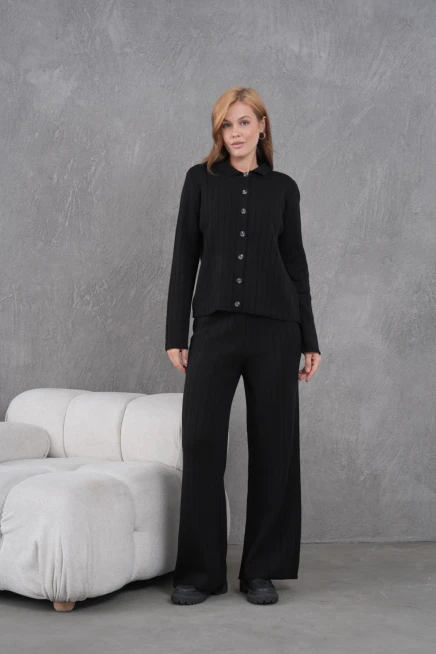 Kadın Gömlek Yaka Düğme Kapama Desenli Ceket Pantolon İkili Triko Takım