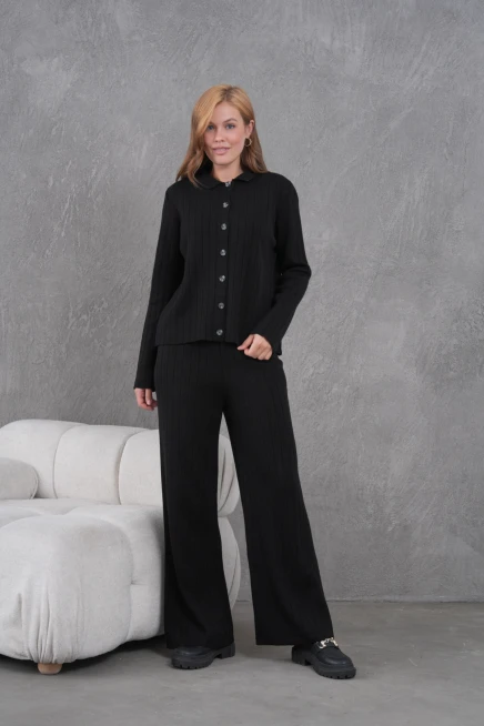 Kadın Gömlek Yaka Düğme Kapama Desenli Ceket Pantolon İkili Triko Takım