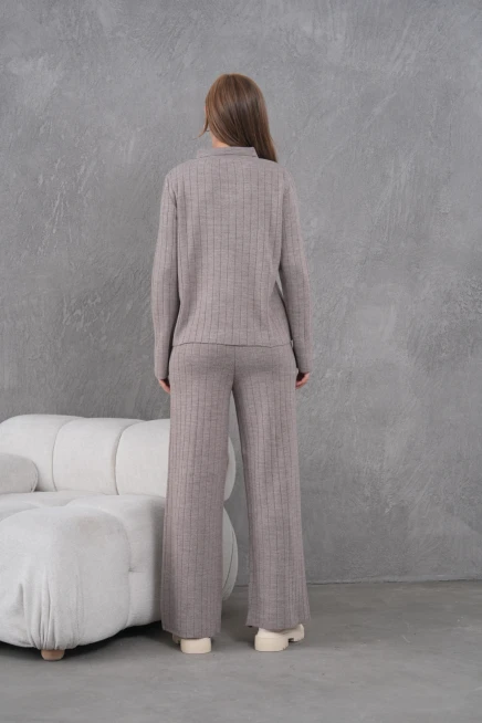 Kadın Gömlek Yaka Düğme Kapama Desenli Ceket Pantolon İkili Triko Takım