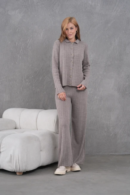 Kadın Gömlek Yaka Düğme Kapama Desenli Ceket Pantolon İkili Triko Takım