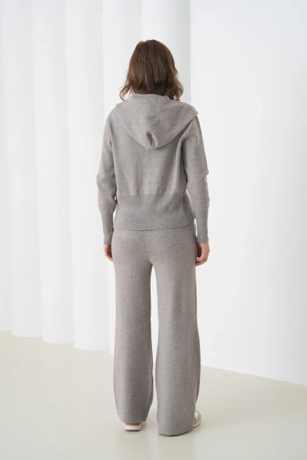 Kadın Kapşonlu Fermuar Kapam Hırka Pantolon İkili Triko Takım