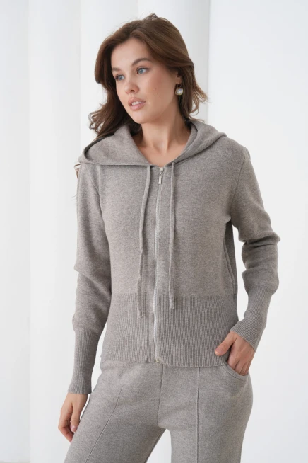 Kadın Kapşonlu Fermuar Kapam Hırka Pantolon İkili Triko Takım