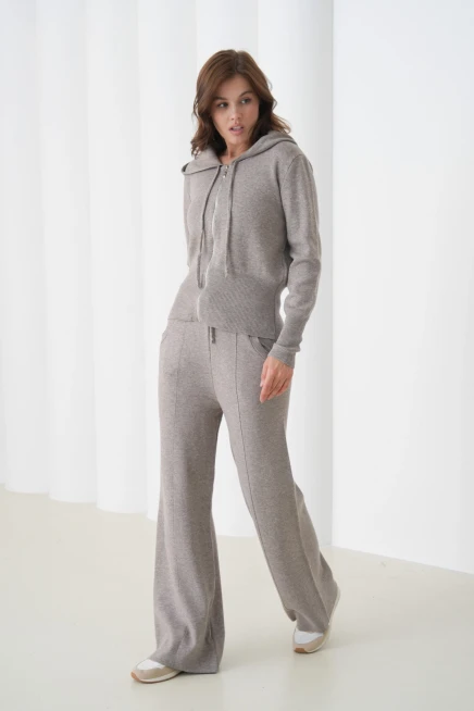 Kadın Kapşonlu Fermuar Kapam Hırka Pantolon İkili Triko Takım