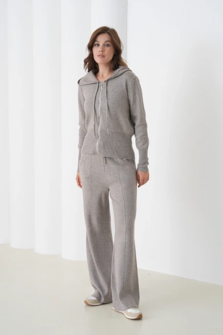 Kadın Kapşonlu Fermuar Kapam Hırka Pantolon İkili Triko Takım