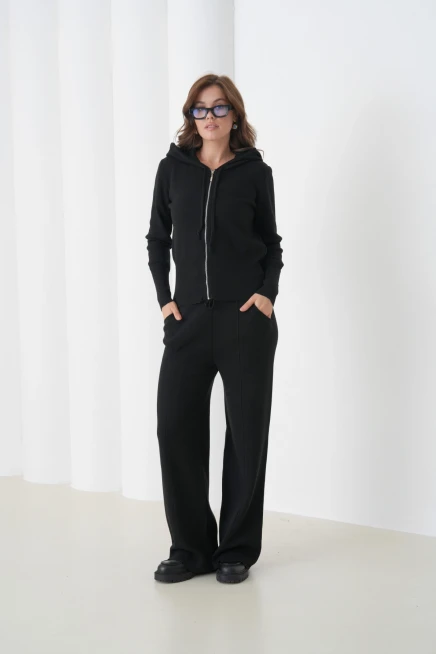 Kadın Kapşonlu Fermuar Kapam Hırka Pantolon İkili Triko Takım