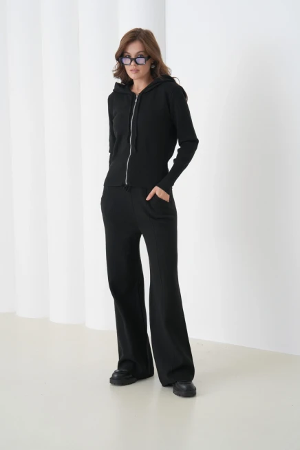 Kadın Kapşonlu Fermuar Kapam Hırka Pantolon İkili Triko Takım