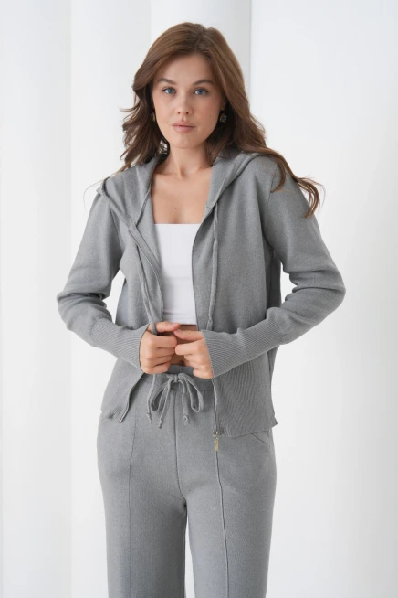 Kadın Kapşonlu Fermuar Kapam Hırka Pantolon İkili Triko Takım