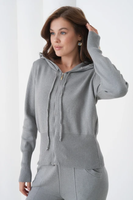 Kadın Kapşonlu Fermuar Kapam Hırka Pantolon İkili Triko Takım