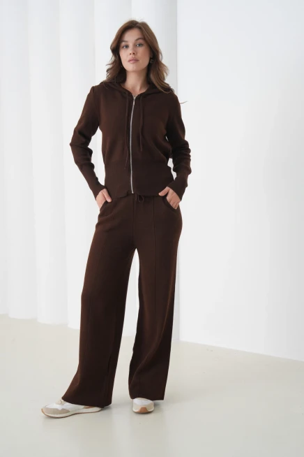 Kadın Kapşonlu Fermuar Kapam Hırka Pantolon İkili Triko Takım