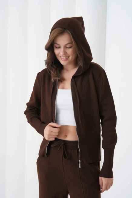 Kadın Kapşonlu Fermuar Kapam Hırka Pantolon İkili Triko Takım