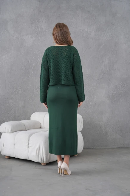 Kadın Kayık Yaka Örgü Detay Bluz Elbise İkili Trko Takım