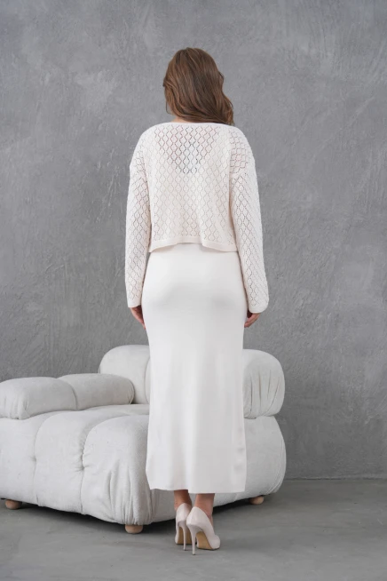 Kadın Kayık Yaka Örgü Detay Bluz Elbise İkili Trko Takım