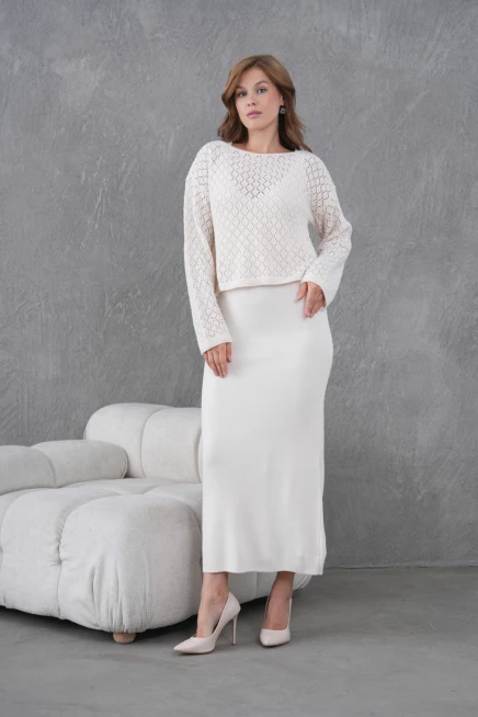 Kadın Kayık Yaka Örgü Detay Bluz Elbise İkili Trko Takım