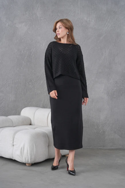 Kadın Kayık Yaka Örgü Detay Bluz Elbise İkili Trko Takım