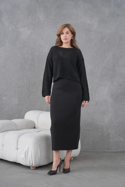 Kadın Kayık Yaka Örgü Detay Bluz Elbise İkili Trko Takım