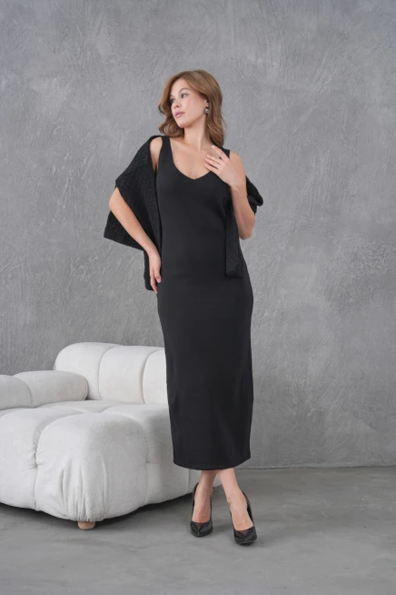 Kadın Kayık Yaka Örgü Detay Bluz Elbise İkili Trko Takım