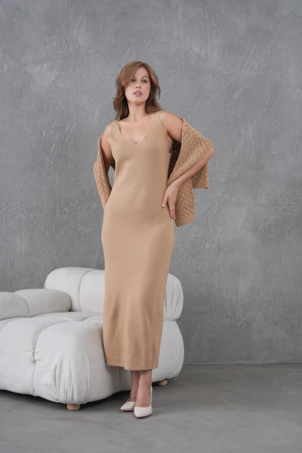 Kadın Kayık Yaka Örgü Detay Bluz Elbise İkili Trko Takım