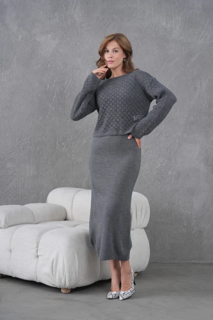 Kadın Kayık Yaka Örgü Detay Bluz Elbise İkili Trko Takım