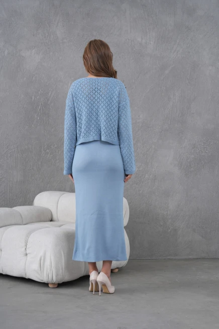 Kadın Kayık Yaka Örgü Detay Bluz Elbise İkili Trko Takım