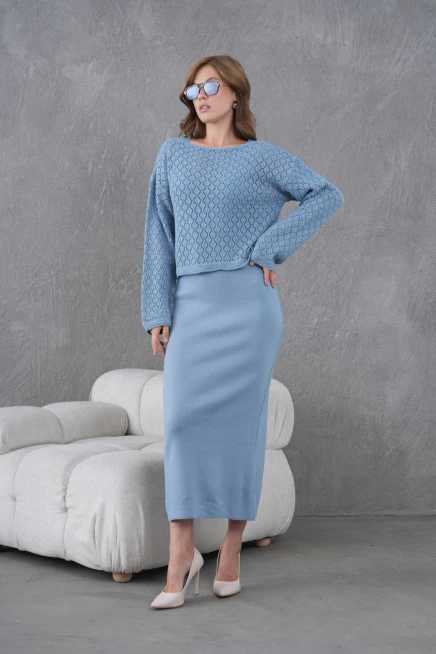 Kadın Kayık Yaka Örgü Detay Bluz Elbise İkili Trko Takım