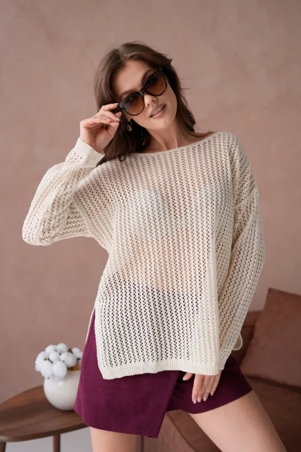 Kadın Kayık Yaka Örgü Detay Yırtmaçlı Triko Kazak