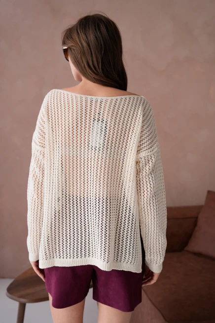 Kadın Kayık Yaka Örgü Detay Yırtmaçlı Triko Kazak