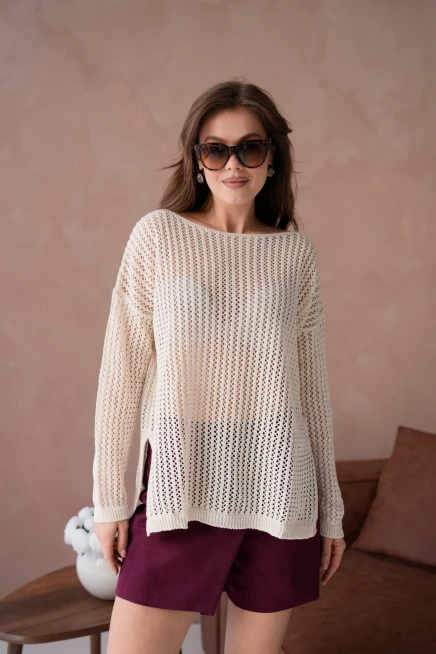 Kadın Kayık Yaka Örgü Detay Yırtmaçlı Triko Kazak