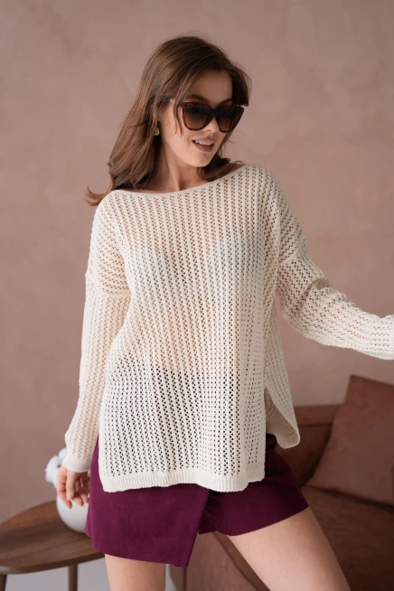 Kadın Kayık Yaka Örgü Detay Yırtmaçlı Triko Kazak