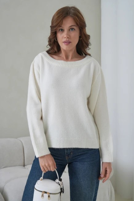 Kadın Kayık Yaka Yumuşak Dokulu Triko Kazak 8703Sw