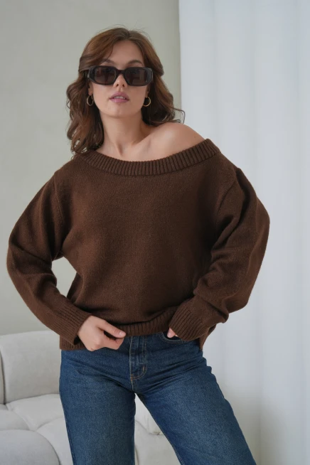 Kadın Kayık Yaka Yumuşak Dokulu Triko Kazak 8703Sw