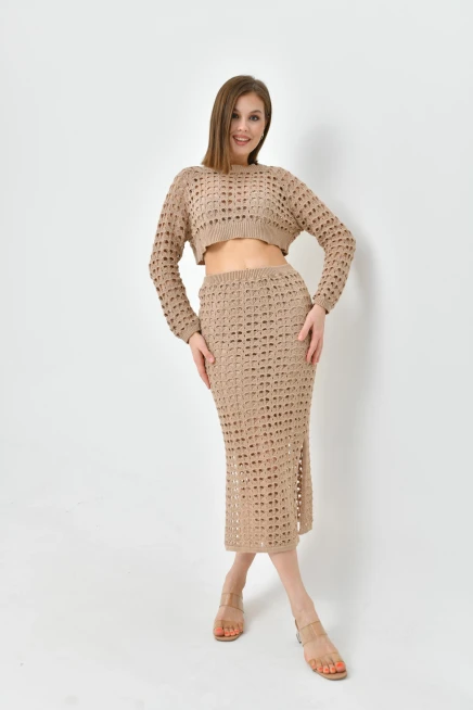 Kadın Örgü Detay Crop Kazak Astarlı Yırtmaçlı Etek Triko İkili Takım