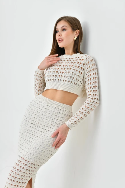 Kadın Örgü Detay Crop Kazak Astarlı Yırtmaçlı Etek Triko İkili Takım