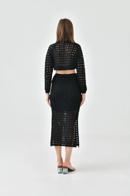 Kadın Örgü Detay Crop Kazak Astarlı Yırtmaçlı Etek Triko İkili Takım