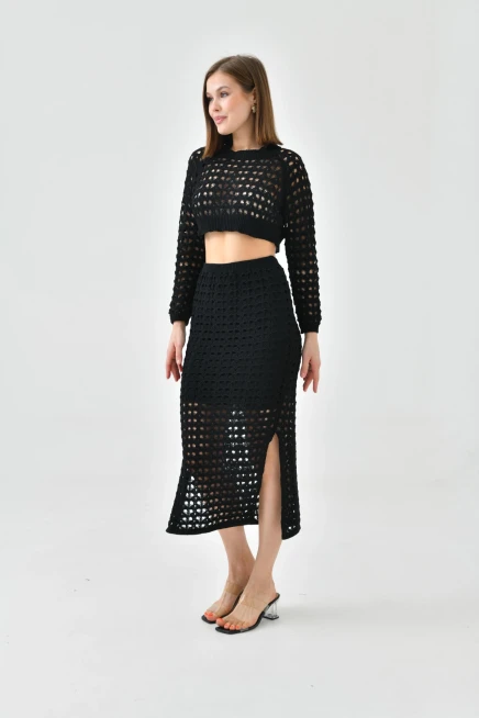 Kadın Örgü Detay Crop Kazak Astarlı Yırtmaçlı Etek Triko İkili Takım