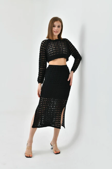 Kadın Örgü Detay Crop Kazak Astarlı Yırtmaçlı Etek Triko İkili Takım