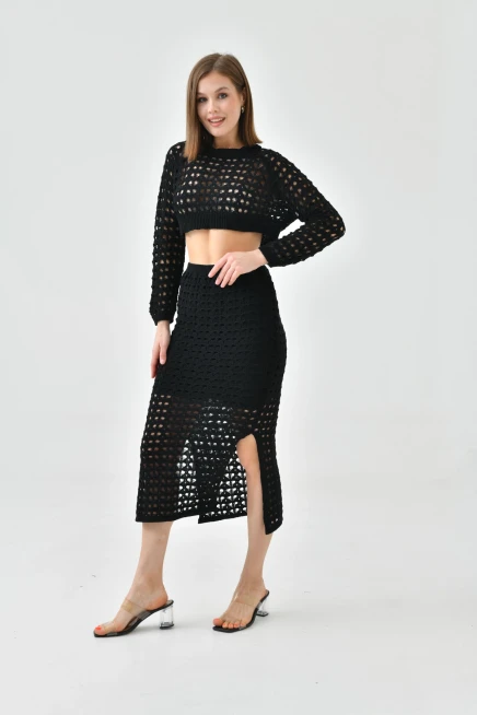 Kadın Örgü Detay Crop Kazak Astarlı Yırtmaçlı Etek Triko İkili Takım
