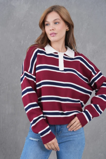 Kadın Polo Yaka Çizgili Yumuşak Dokulu Oversize Triko Kazak 