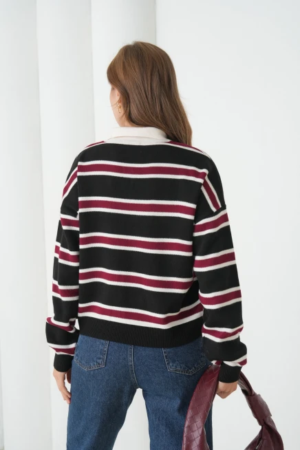 Kadın Polo Yaka Çizgili Yumuşak Dokulu Oversize Triko Kazak 