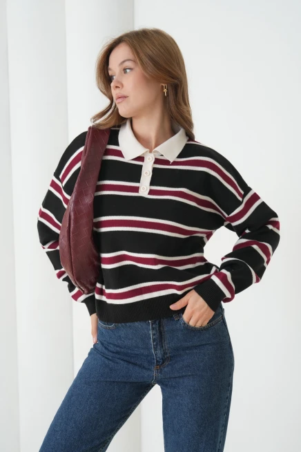 Kadın Polo Yaka Çizgili Yumuşak Dokulu Oversize Triko Kazak 