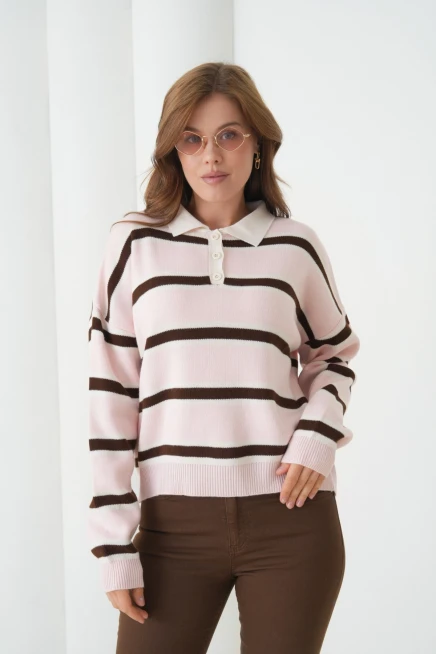 Kadın Polo Yaka Çizgili Yumuşak Dokulu Oversize Triko Kazak 