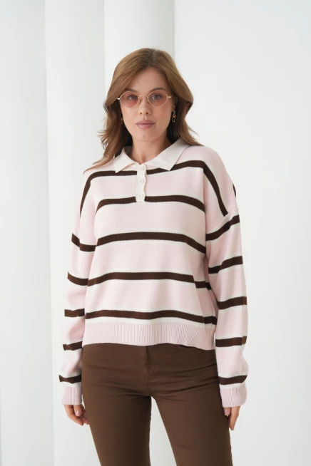 Kadın Polo Yaka Çizgili Yumuşak Dokulu Oversize Triko Kazak 