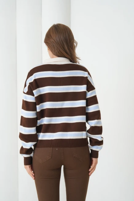 Kadın Polo Yaka Çizgili Yumuşak Dokulu Oversize Triko Kazak 