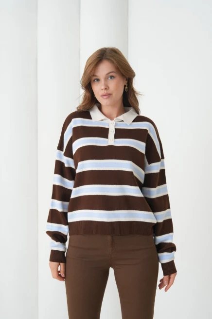 Kadın Polo Yaka Çizgili Yumuşak Dokulu Oversize Triko Kazak 